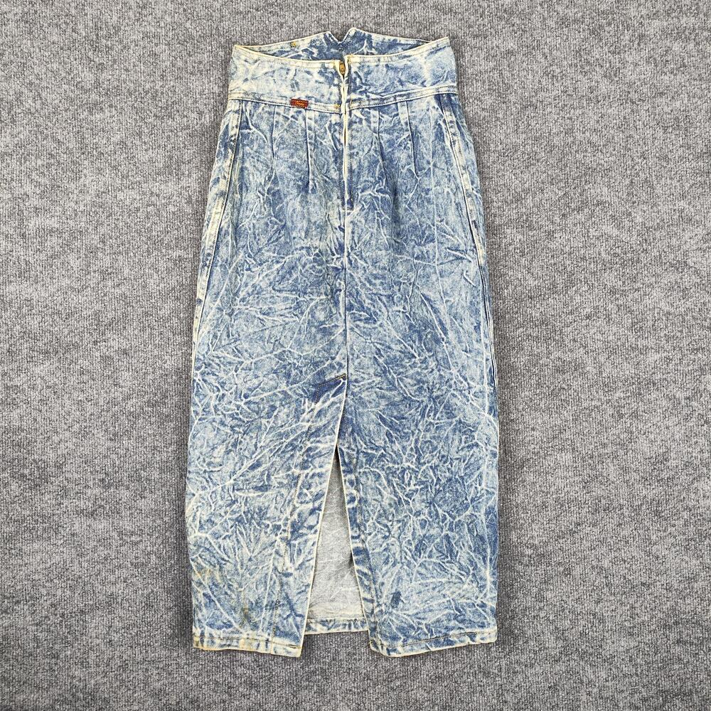 Vintage Cheeks Skirt Womens 5/6-28 Blue Acid Wash Denim High Waist Slit USA